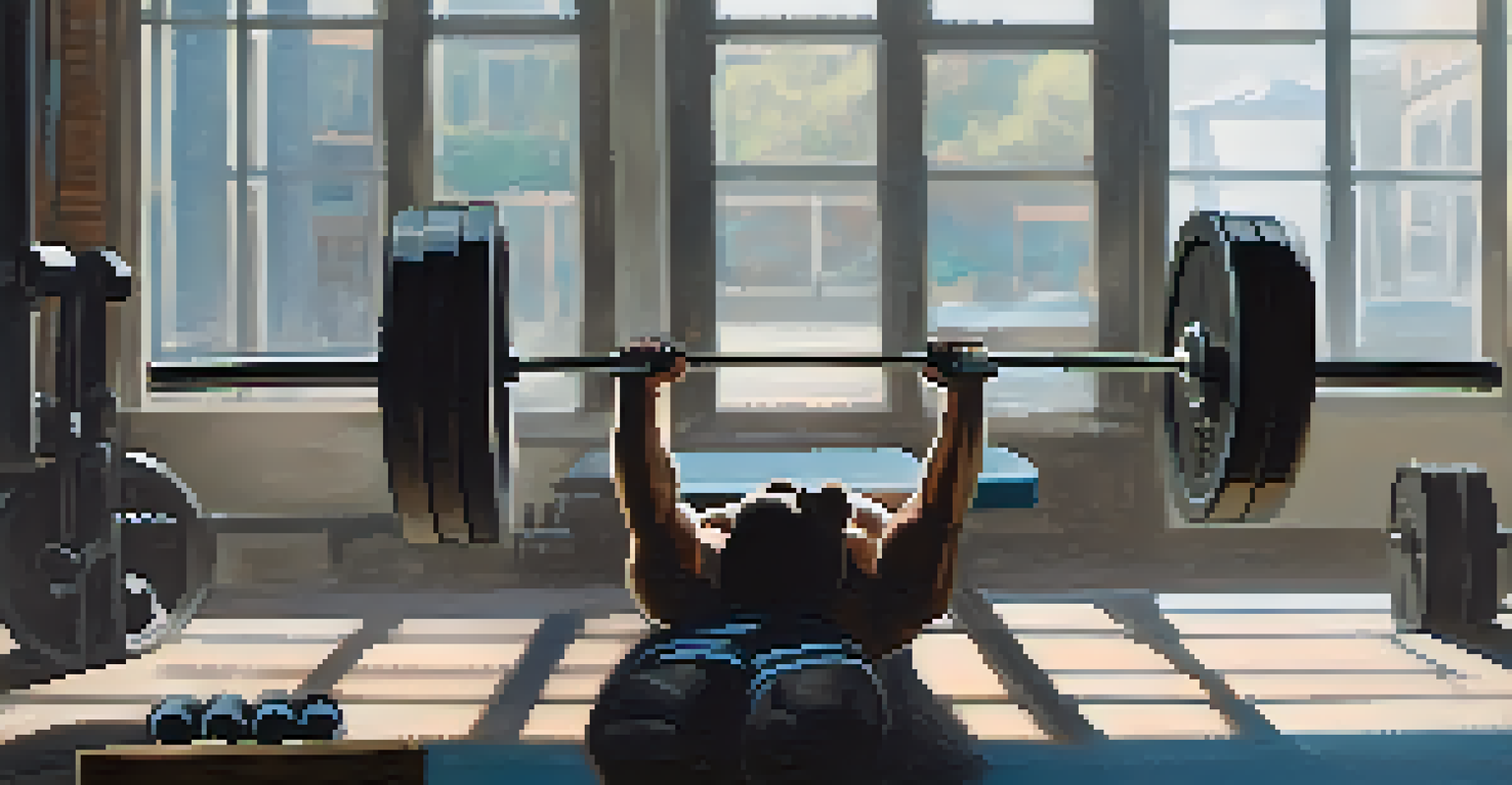 Close-up of a powerlifting bench press with a barbell and chalked hands ready to lift.