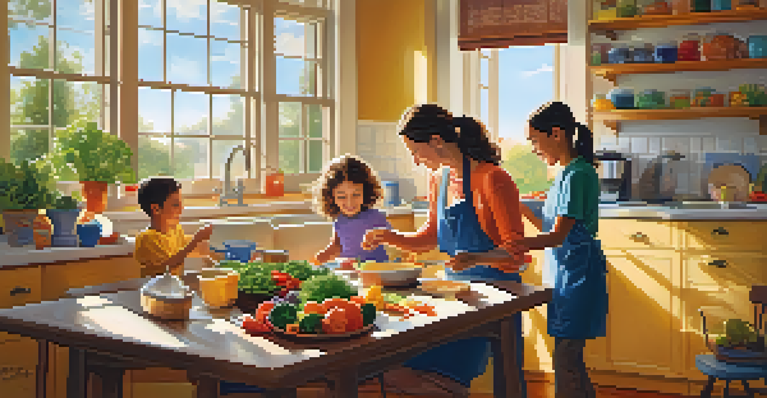 A family working together in the kitchen to prepare a healthy meal, filled with fresh ingredients and joyful interactions.