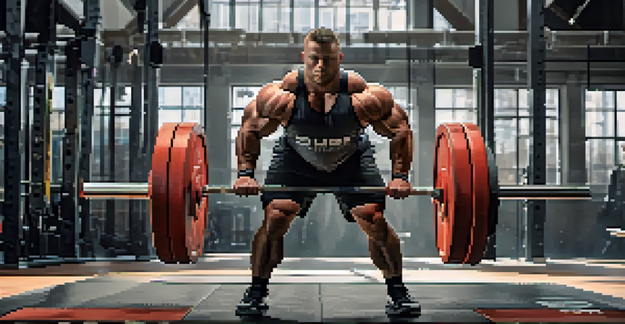 A muscular powerlifter performs a heavy deadlift in a bright gym, showing focus and determination.
