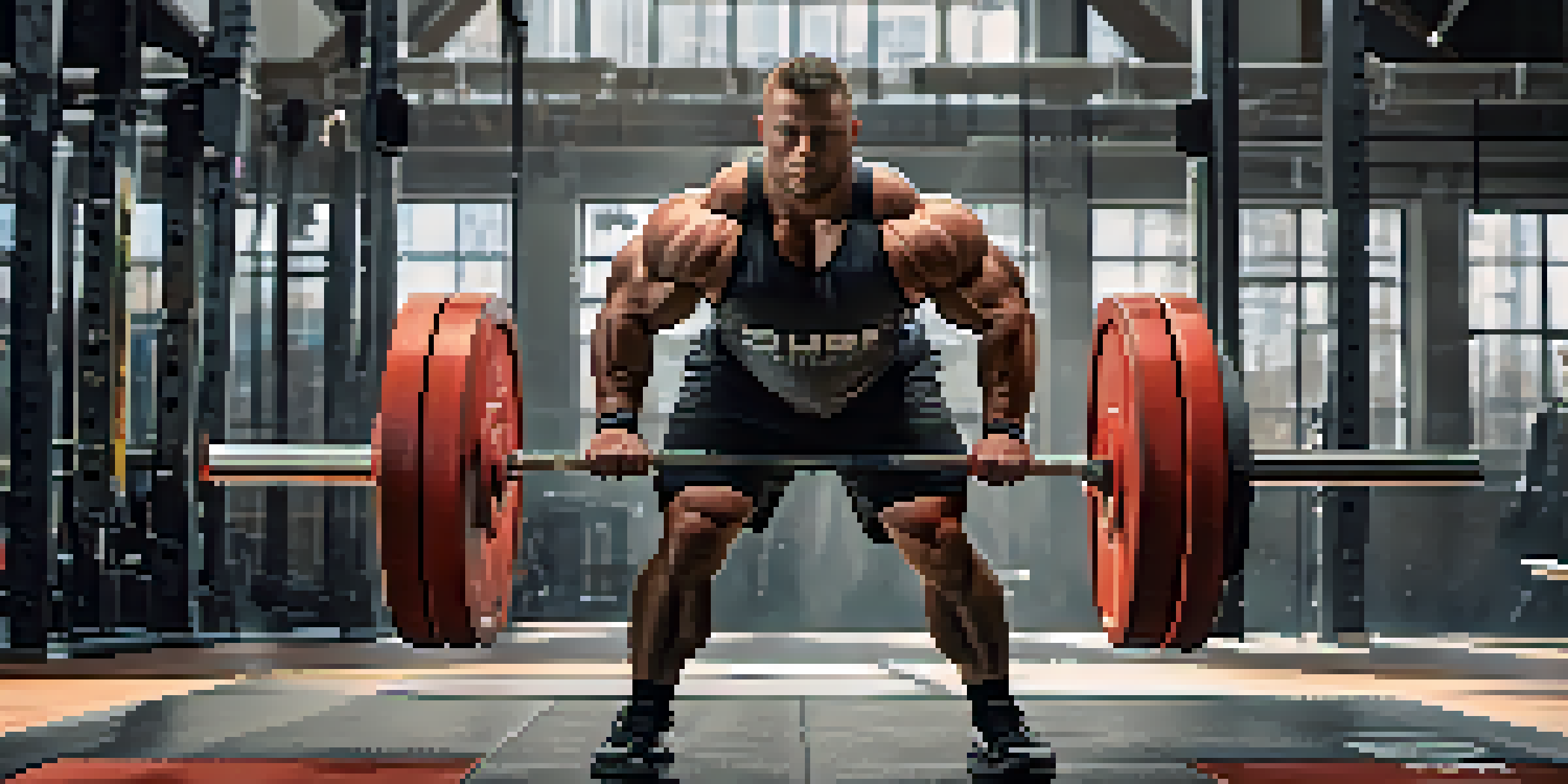 A muscular powerlifter performs a heavy deadlift in a bright gym, showing focus and determination.