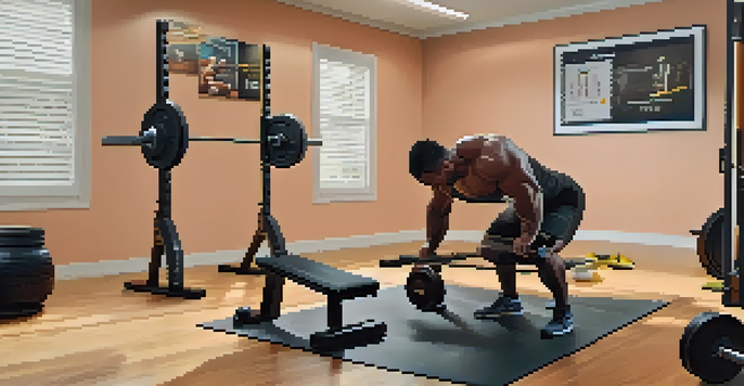 A powerlifter training in a home gym with a laptop displaying a coach providing feedback.