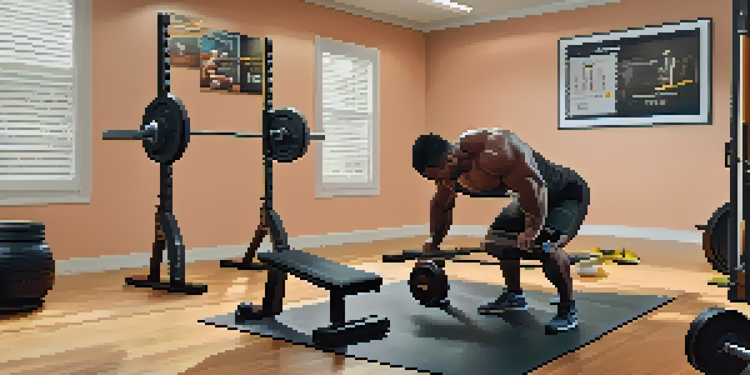 A powerlifter training in a home gym with a laptop displaying a coach providing feedback.