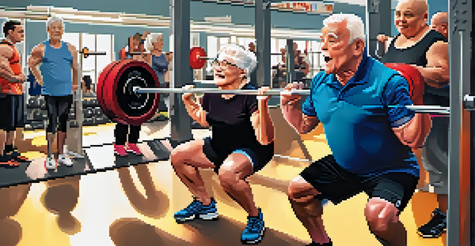 Older adults lifting weights in a gym with a female athlete performing a squat under the watchful eye of a coach.