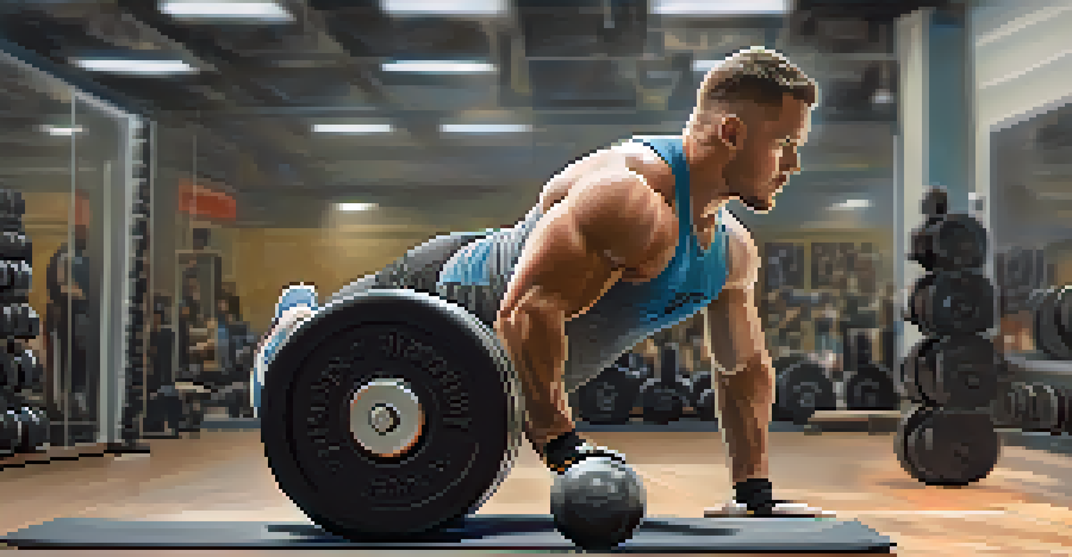 A powerlifter warming up with a foam roller and stretches in a gym.