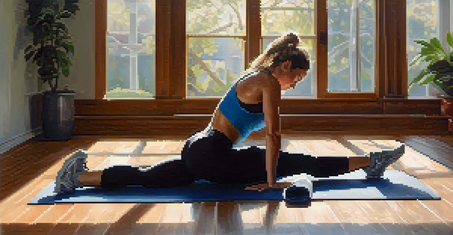 A powerlifter doing static stretches on a yoga mat, focusing on hip openers and chest stretches in a calm, well-lit environment.