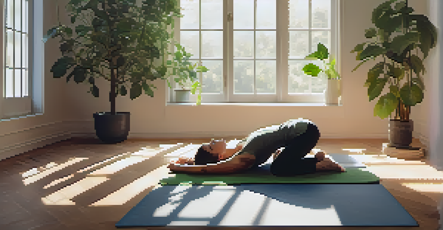 A peaceful scene of a person resting on a yoga mat surrounded by plants and soft natural light.
