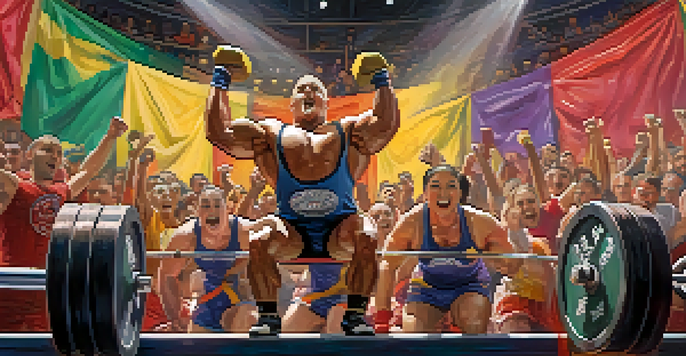 A lively powerlifting competition with diverse athletes lifting weights, surrounded by a cheering crowd and bright lights.