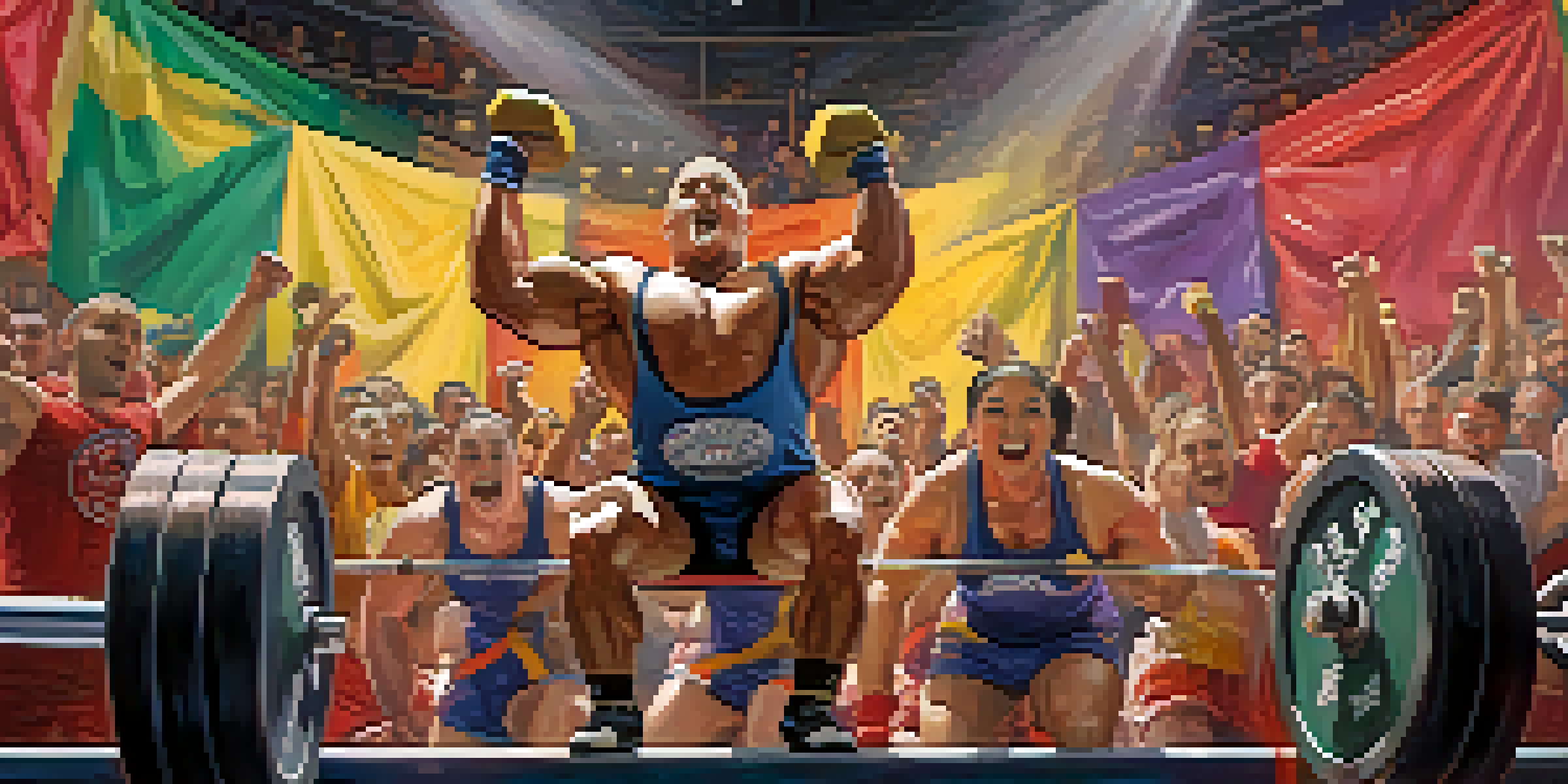 A lively powerlifting competition with diverse athletes lifting weights, surrounded by a cheering crowd and bright lights.
