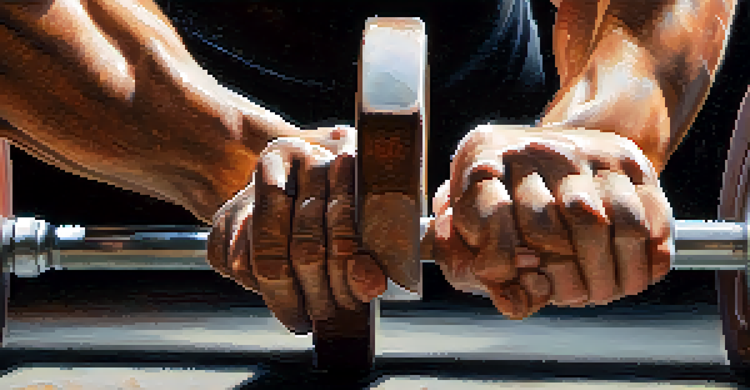 Close-up of a powerlifter's chalk-covered hands gripping a barbell, with a blurred background and natural light creating dramatic shadows.