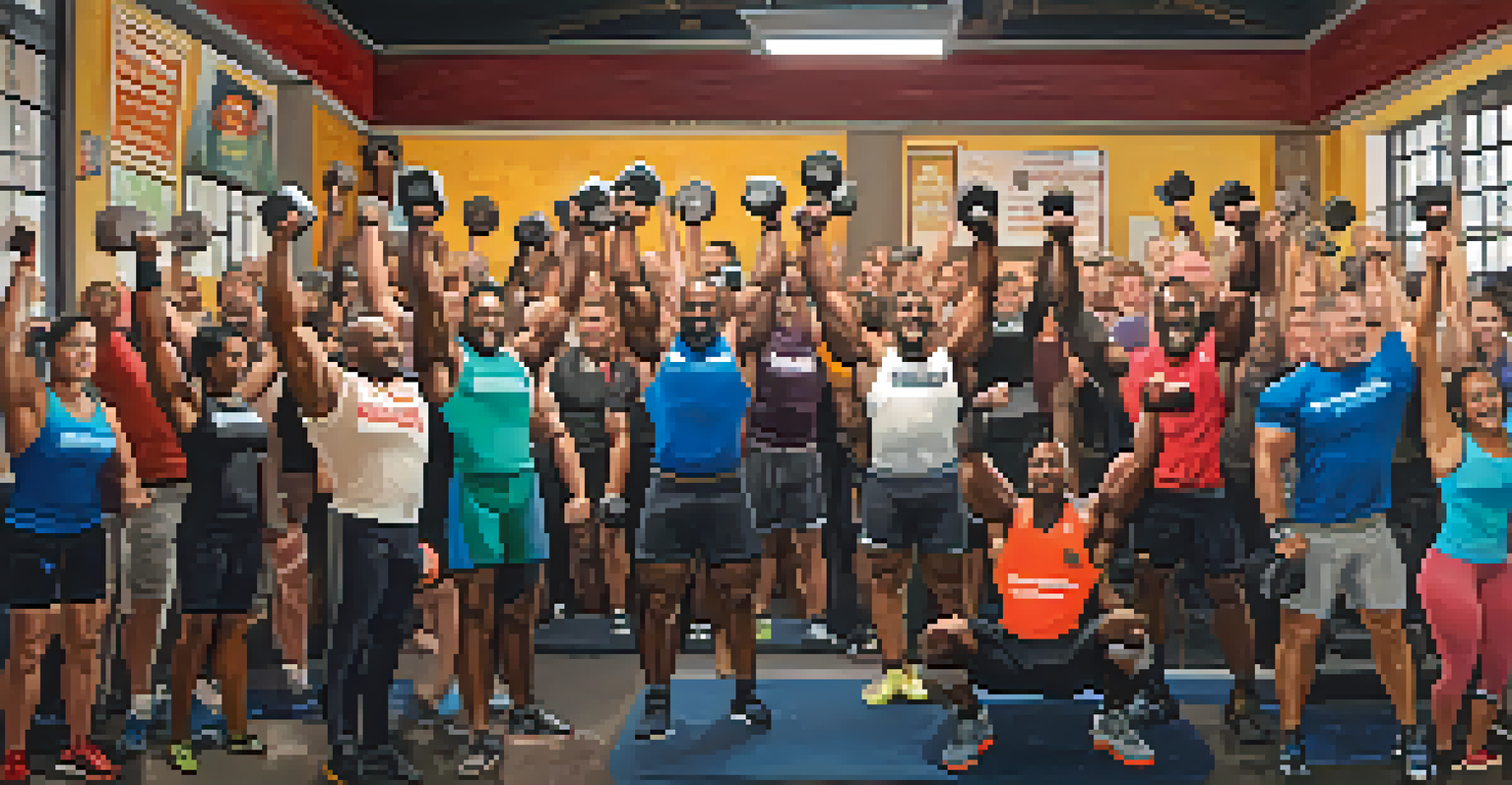 A diverse group of powerlifters celebrating their achievements in a gym, with weights and motivational posters around.