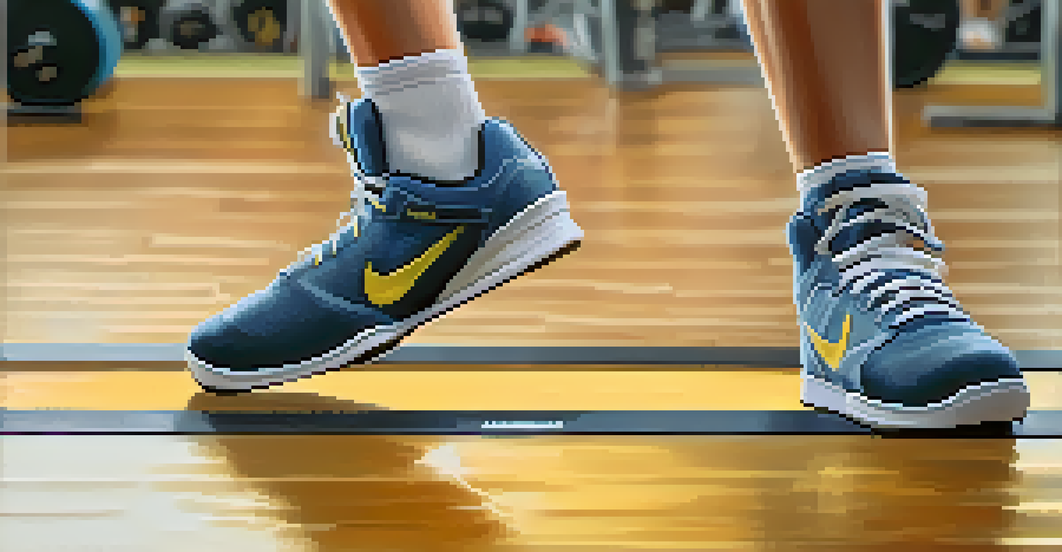 A close-up view of a weightlifter's feet in specialized shoes, positioned on a gym floor, emphasizing stability and balance.