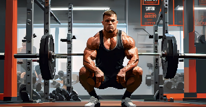 A focused powerlifter performing a heavy squat in a well-equipped gym, with bright lighting highlighting their effort and determination.