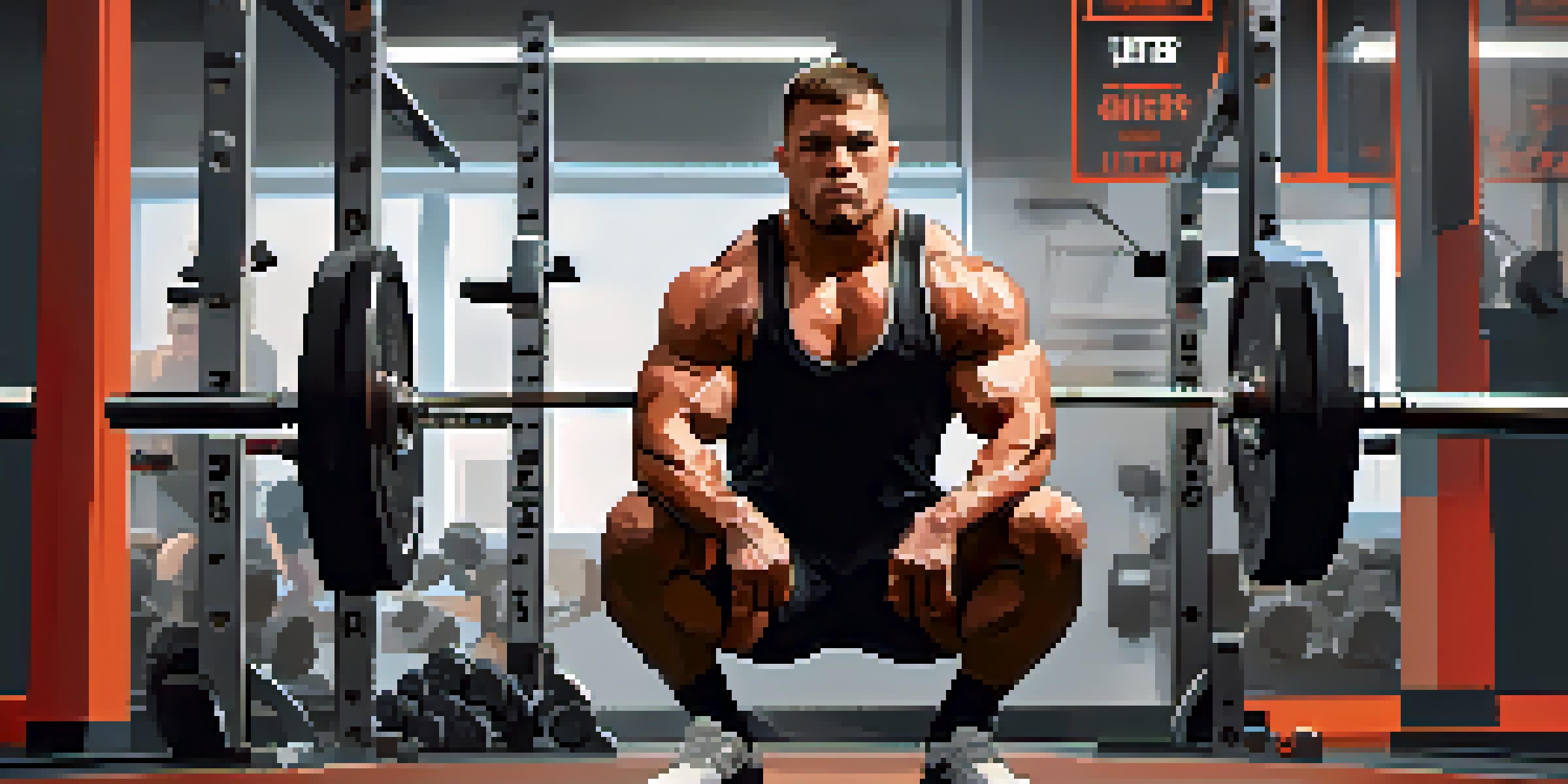 A focused powerlifter performing a heavy squat in a well-equipped gym, with bright lighting highlighting their effort and determination.
