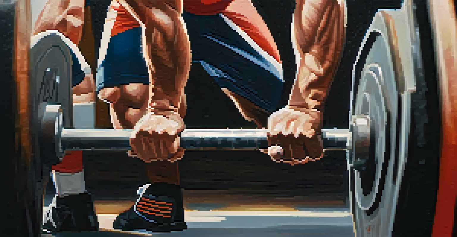 A close-up of a powerlifter's hands gripping a heavy barbell, highlighting the texture and strength involved in lifting.