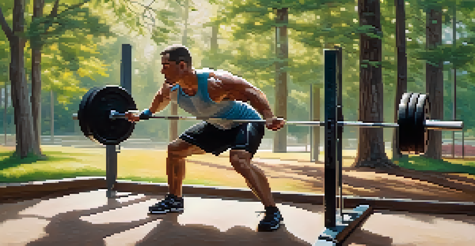 A powerlifter performing torso twists in an outdoor setting, surrounded by nature and sunlight filtering through trees.