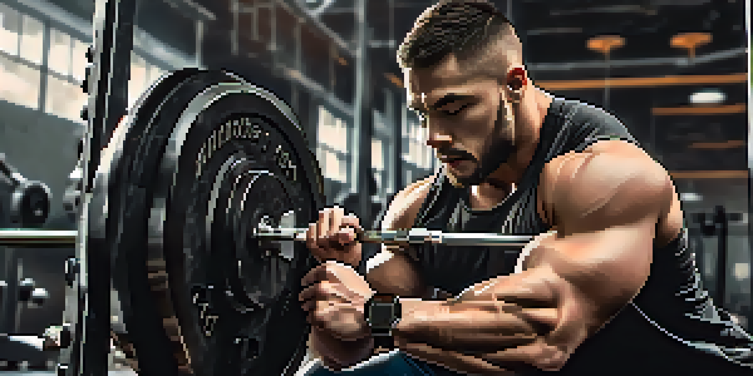 A powerlifter wearing a smartwatch while performing a squat, with the device showing heart rate and lift statistics in a gym setting.