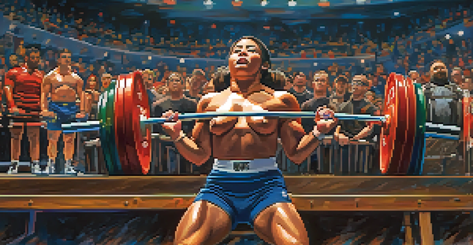 A lively scene of a powerlifting competition with athletes of varying sizes lifting weights under bright lights, surrounded by a cheering audience and banners.