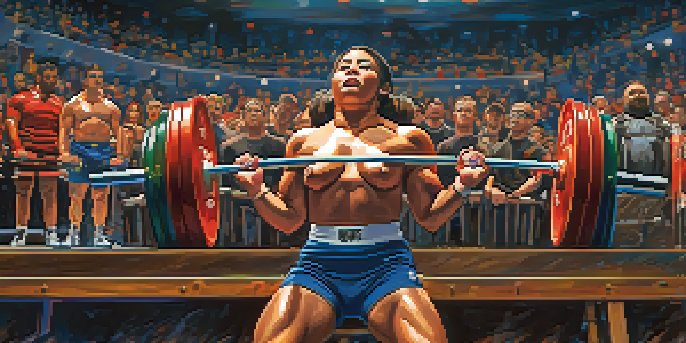 A lively scene of a powerlifting competition with athletes of varying sizes lifting weights under bright lights, surrounded by a cheering audience and banners.