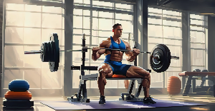 A powerlifter in a gym, preparing for a bench press with an adjustable bench and resistance bands around.