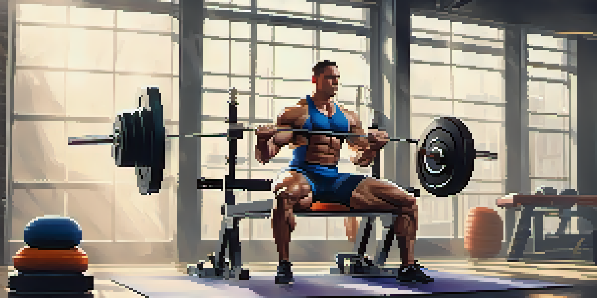 A powerlifter in a gym, preparing for a bench press with an adjustable bench and resistance bands around.