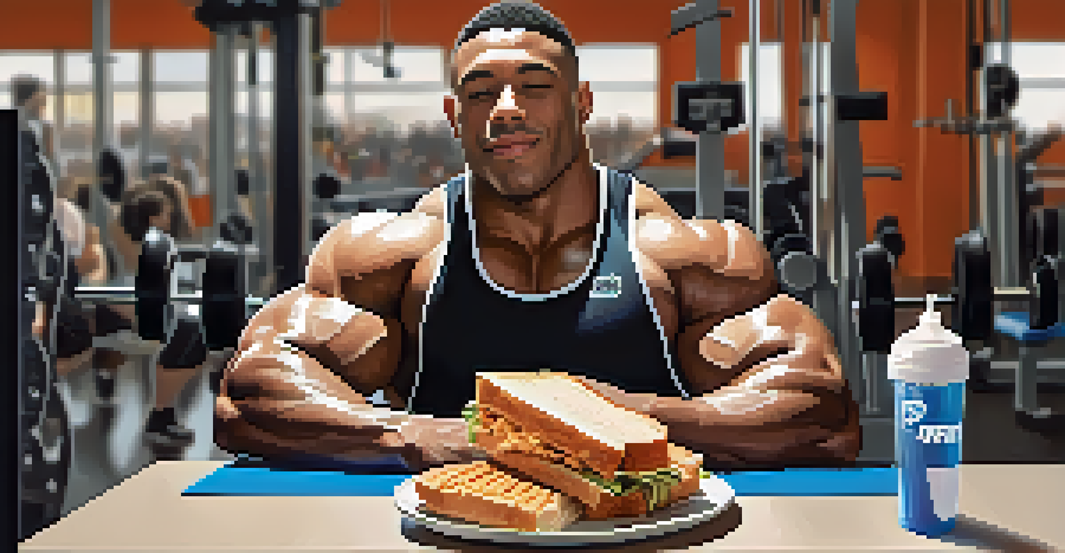 A powerlifter in a gym enjoying a recovery meal of a chicken sandwich and protein shake, with gym equipment in the background.