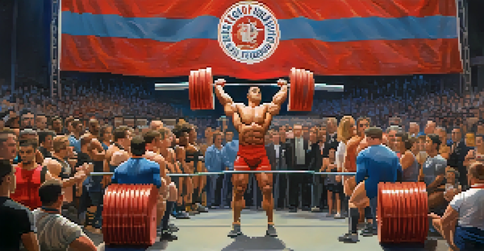 A diverse group of athletes competing in powerlifting, lifting weights with spectators cheering in the background, creating an energetic atmosphere.