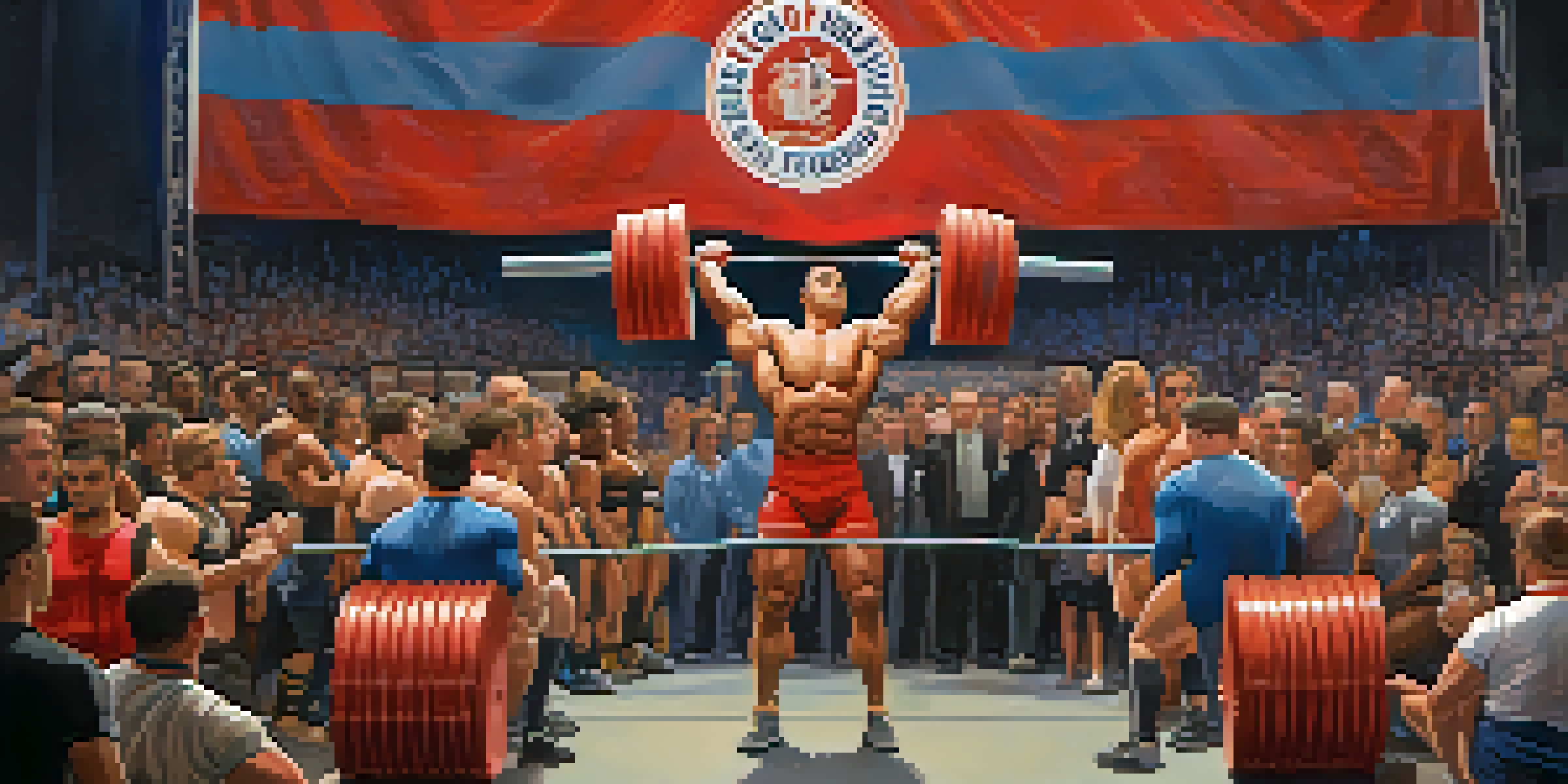 A diverse group of athletes competing in powerlifting, lifting weights with spectators cheering in the background, creating an energetic atmosphere.