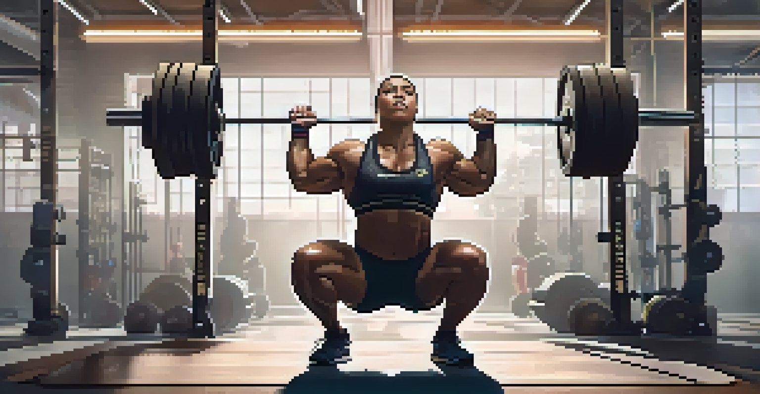 A powerlifting athlete squatting with a barbell, demonstrating proper form in a gym setting.