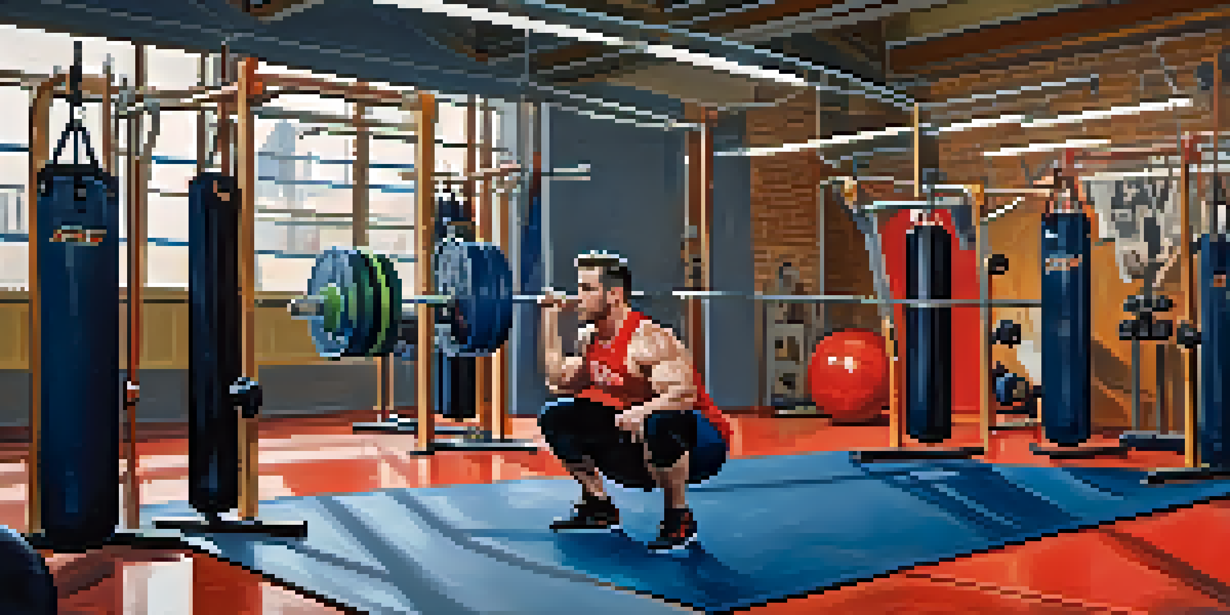 A powerlifter doing dynamic warm-up exercises like leg swings and arm circles in a brightly lit gym.
