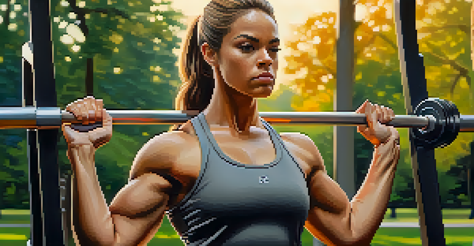 A woman lifting weights in a park at sunset, focusing on her strength training.
