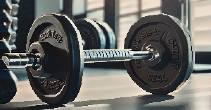 A close-up view of a loaded barbell on a squat rack in a gym, highlighting the grip and textures of the equipment.