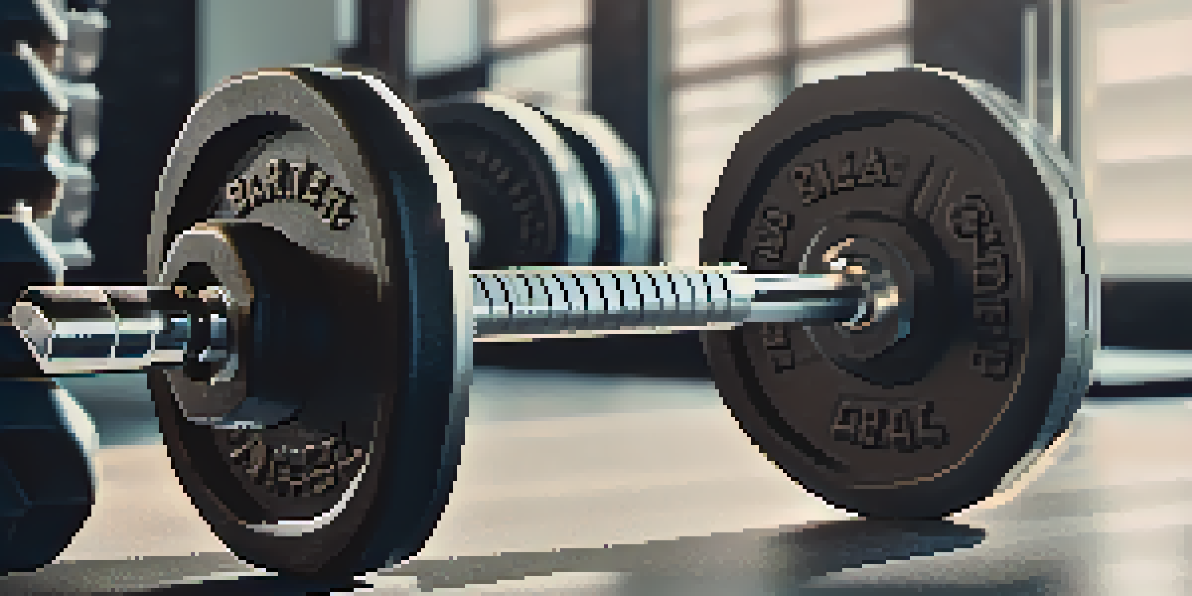 A close-up view of a loaded barbell on a squat rack in a gym, highlighting the grip and textures of the equipment.