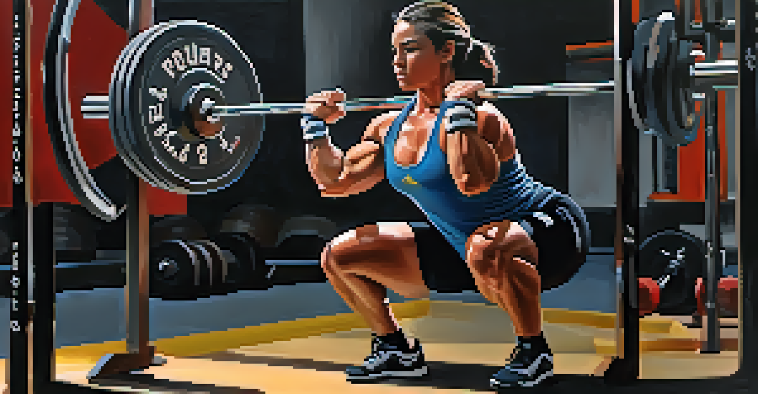 A powerlifter performing a squat with wrist wraps, showcasing their concentration and strength in a gym environment.