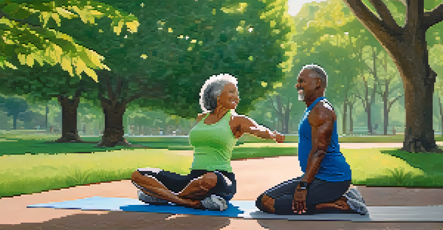 An older couple stretching together in a green park, smiling and preparing for a workout.