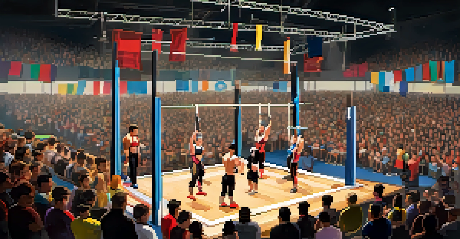 An overhead view of a powerlifting competition with athletes lifting weights and an enthusiastic audience in the background.