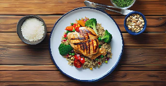 A plate of grilled chicken, quinoa, and colorful steamed vegetables, accompanied by a glass of water and mixed nuts on a wooden table.
