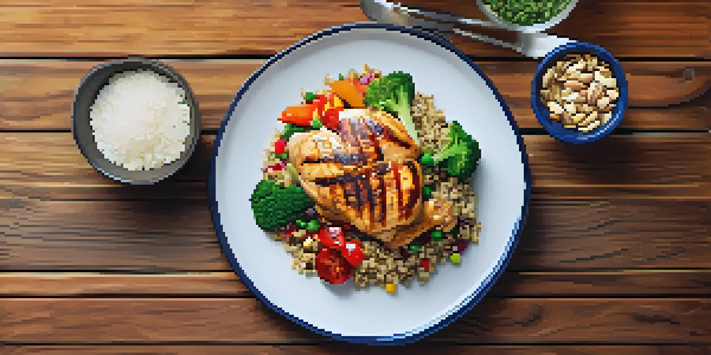A plate of grilled chicken, quinoa, and colorful steamed vegetables, accompanied by a glass of water and mixed nuts on a wooden table.