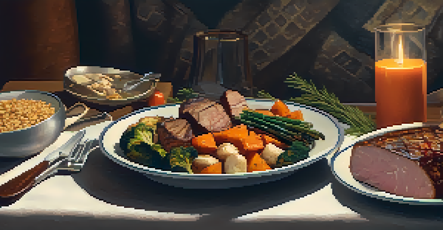 A close-up of a nutritious winter meal for a powerlifter, featuring roasted vegetables and lean meats in warm lighting.
