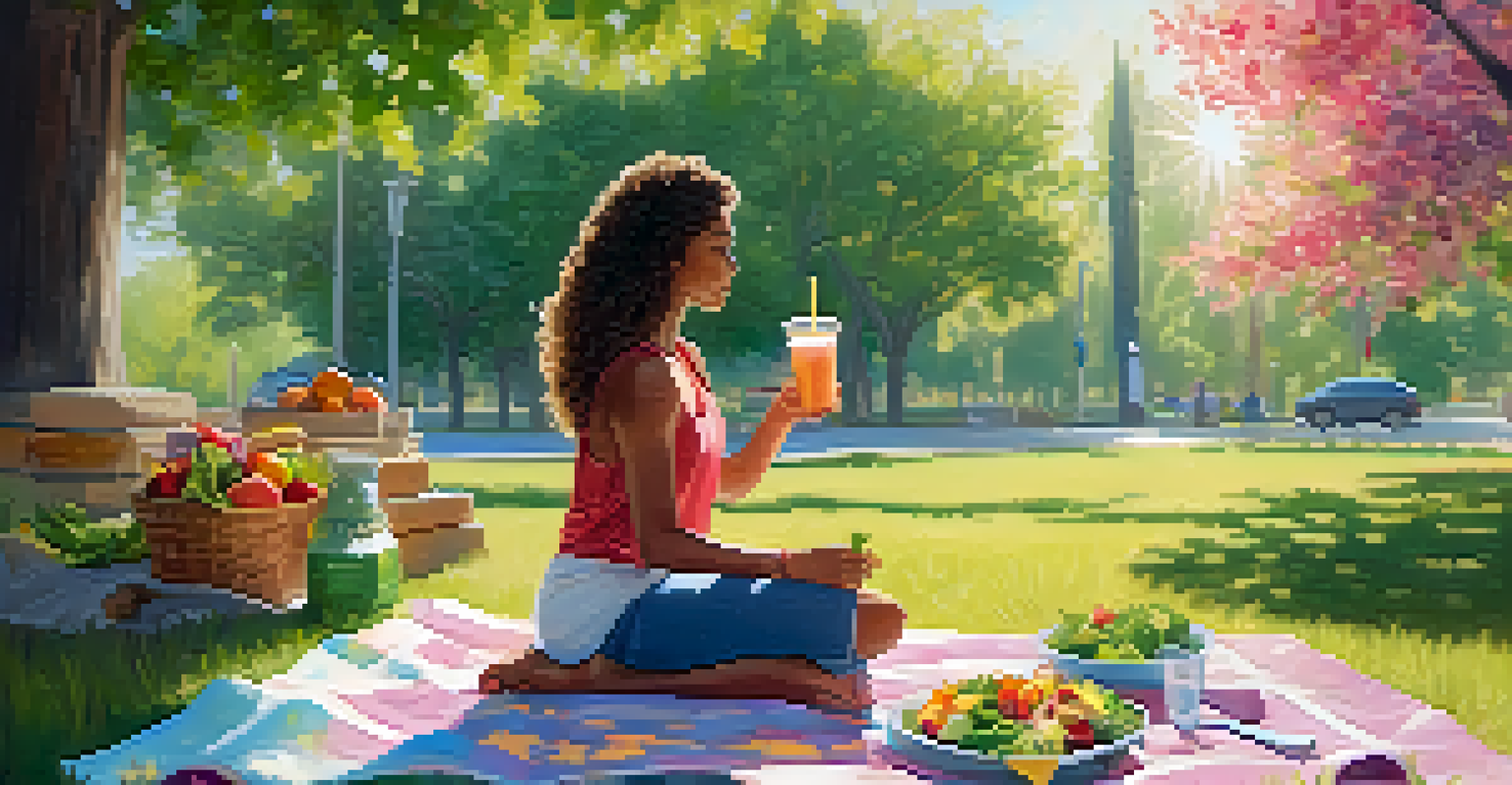 A person enjoying a healthy meal on a picnic blanket in a peaceful outdoor setting.