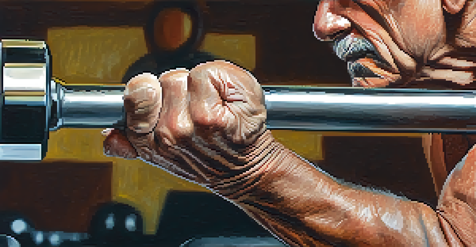 Close-up of an elderly man's hands gripping a barbell, showcasing his determination.