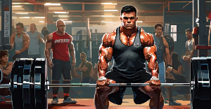 A determined powerlifter preparing to lift a heavy barbell in a gym, surrounded by supportive teammates and motivational posters.