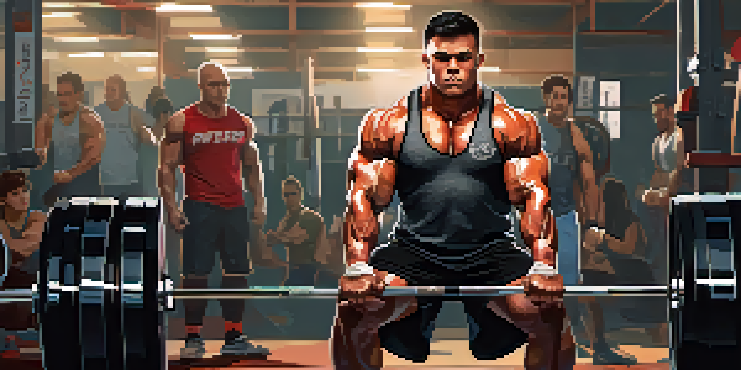 A determined powerlifter preparing to lift a heavy barbell in a gym, surrounded by supportive teammates and motivational posters.