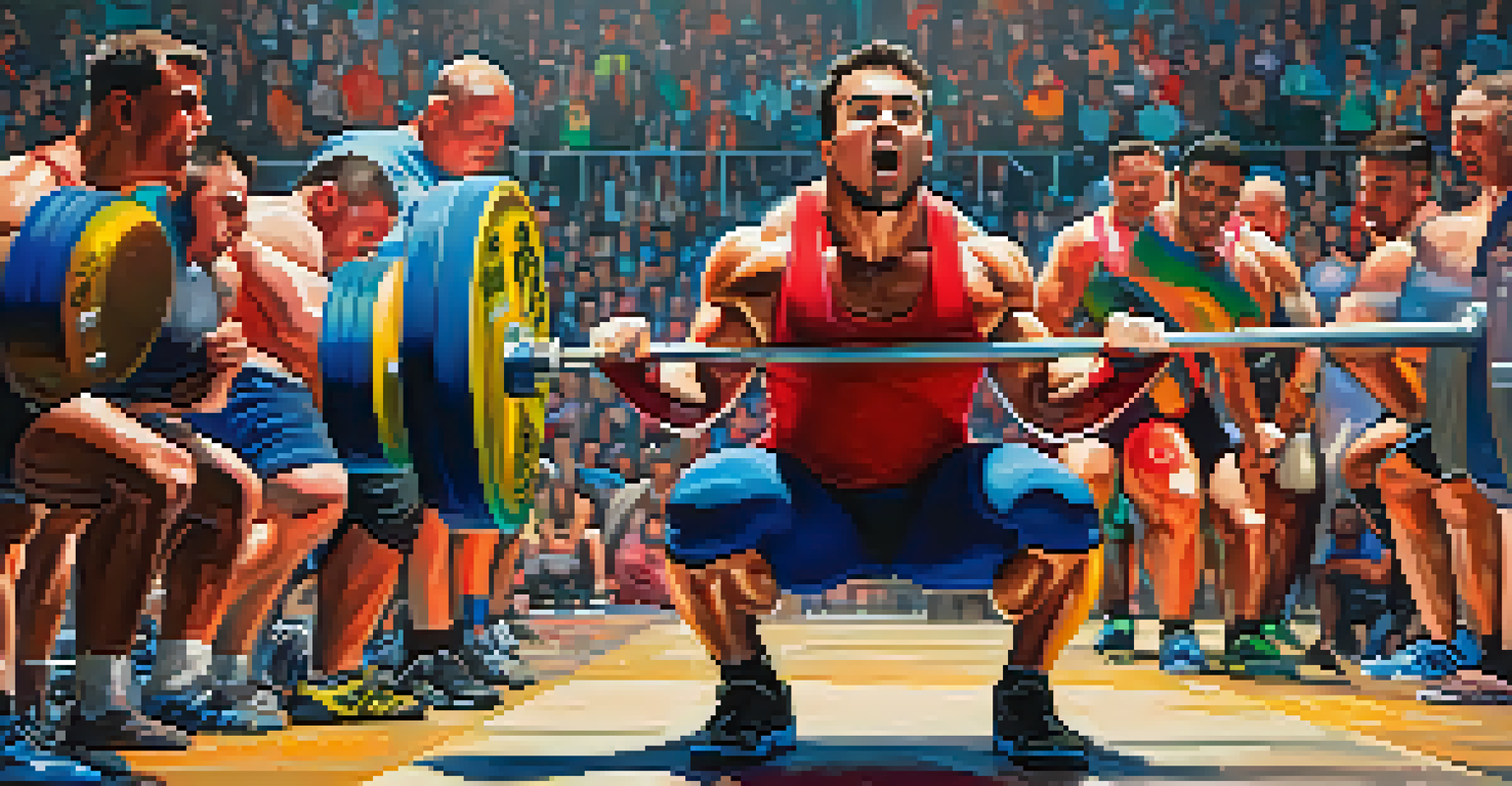 A powerlifting competition with a lifter mid-squat, surrounded by cheering spectators, highlighting the energy and determination of the event.