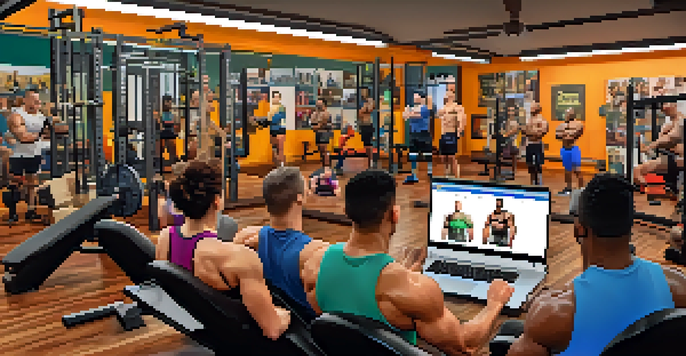 A diverse group of powerlifters participating in a virtual training session on a laptop, lifting weights in their home gyms, surrounded by fitness equipment.