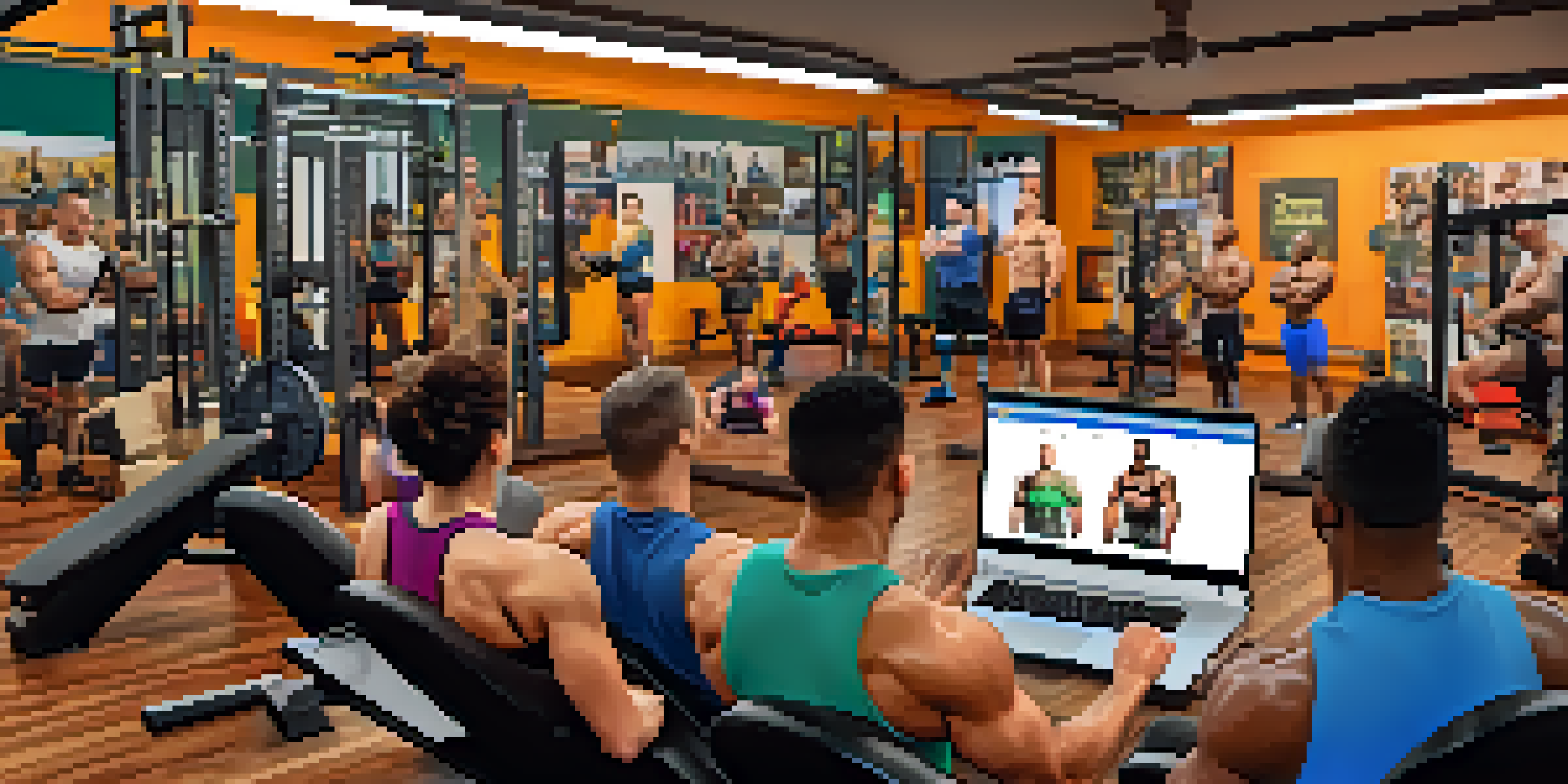 A diverse group of powerlifters participating in a virtual training session on a laptop, lifting weights in their home gyms, surrounded by fitness equipment.
