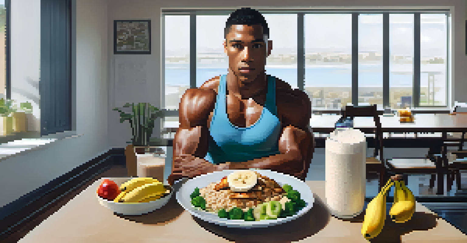 An athlete at a table enjoying a pre-workout meal of oatmeal and grilled chicken, with workout gear visible in the background.