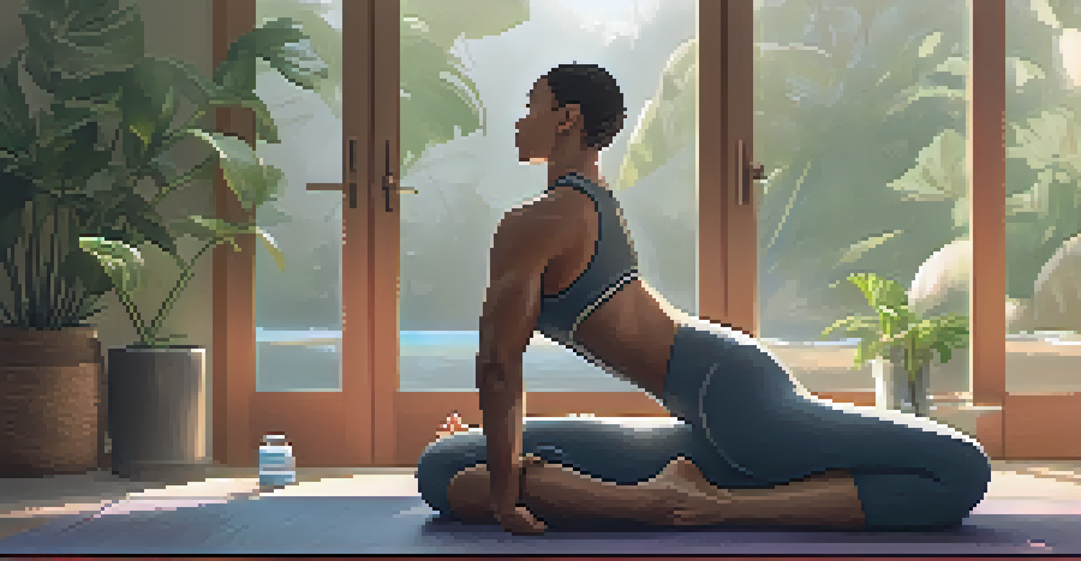 A powerlifter engaged in active recovery on a yoga mat in a peaceful setting, highlighting the significance of recovery days.
