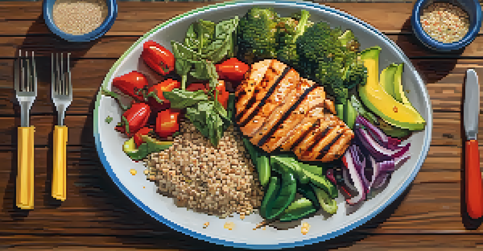 A colorful and nutritious meal plate with grilled chicken, quinoa, and vegetables, arranged on a wooden table.