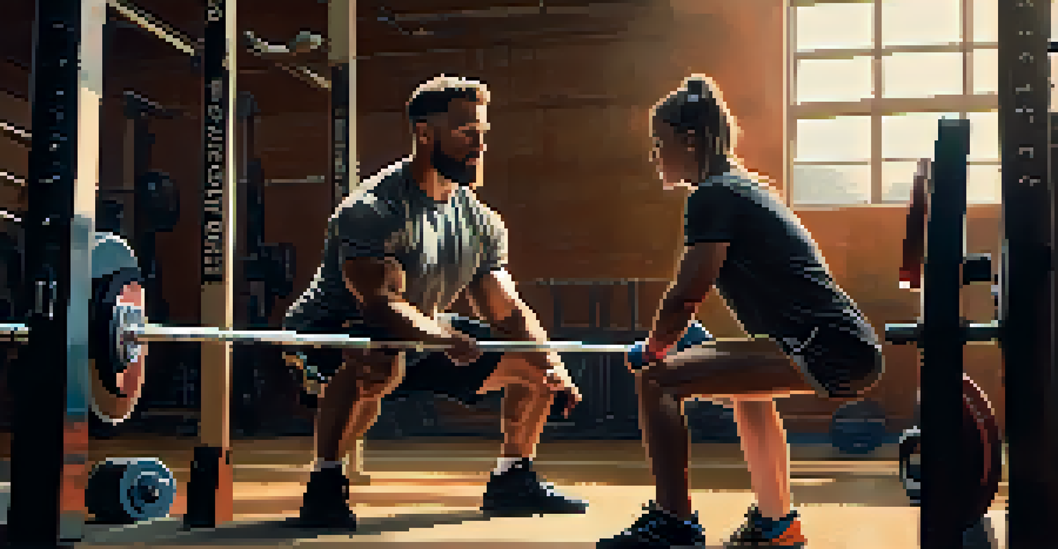 A coach and a young athlete having a conversation during a powerlifting session, surrounded by training equipment in a welcoming gym environment.