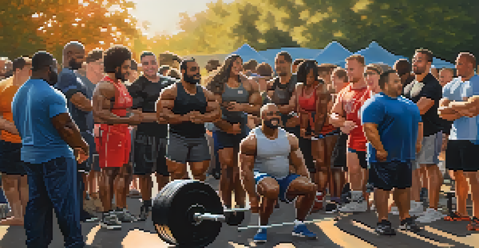 A diverse group of powerlifters enjoying a community event outdoors, sharing stories and smiles.